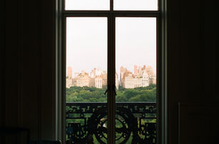 Framed window view overlooking city skyline and park, with ornate black balcony railing in silhouette.