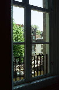 Bright window view of canal, bicycles, and classic Dutch row houses, with leafy trees in full bloom.