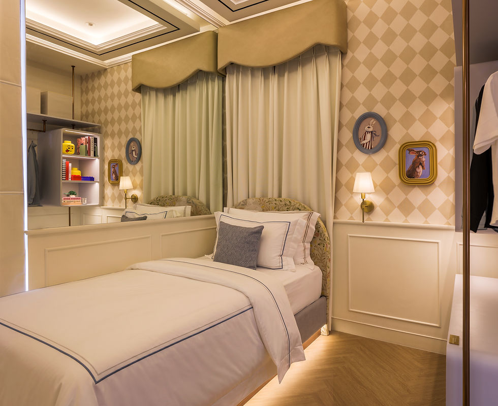 Cozy pastel bedroom with a twin bed, bunny and deer wall art, warm lamps, patterned wallpaper, and shelves in the corner.