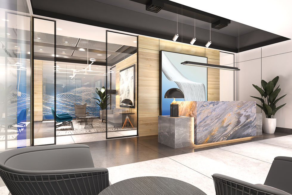 Modern office reception lobby with a marble desk, wood-paneled wall art, and a glass partition leading to an adjacent lounge area.