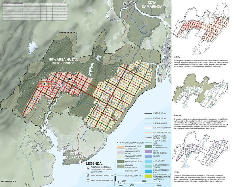 Technical masterplan map detailing city boundaries, protected forest areas, transportation lines, and development zones with accompanying legends.