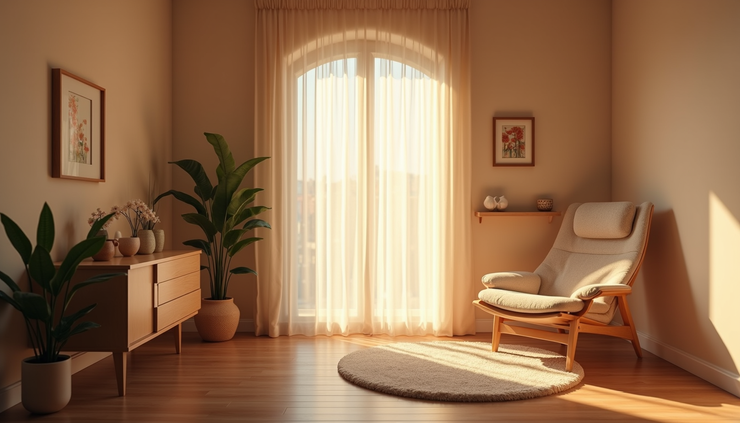 Eye-level view of a quiet therapy room with a comfortable chair and soft lighting