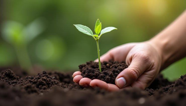 Close-up view of a hand holding a small plant sprouting from soil