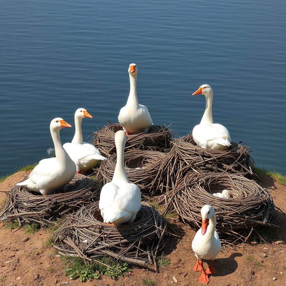 Six geese laying eggs