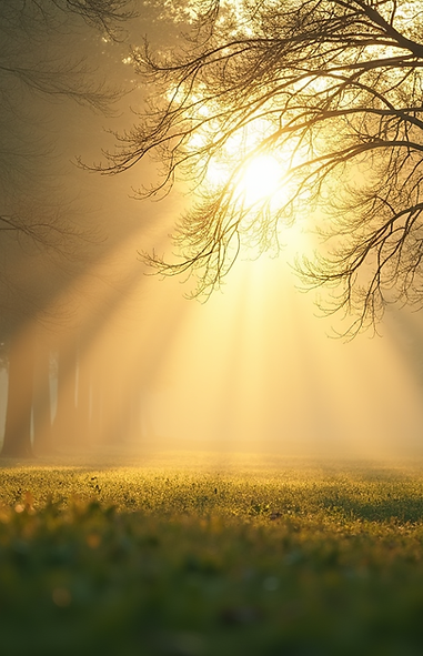 A serene landscape with gentle sunlight breaking through trees, symbolizing hope and peace