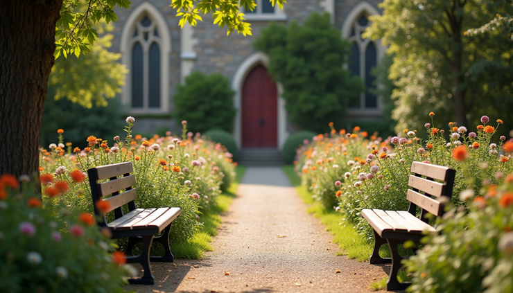Eye-level view of a peaceful church garden with benches and blooming flowers