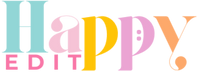 Happy Edit logo in playful pastel colours with heart doodles, representing fun, personalised gifts and feel-good goodies.