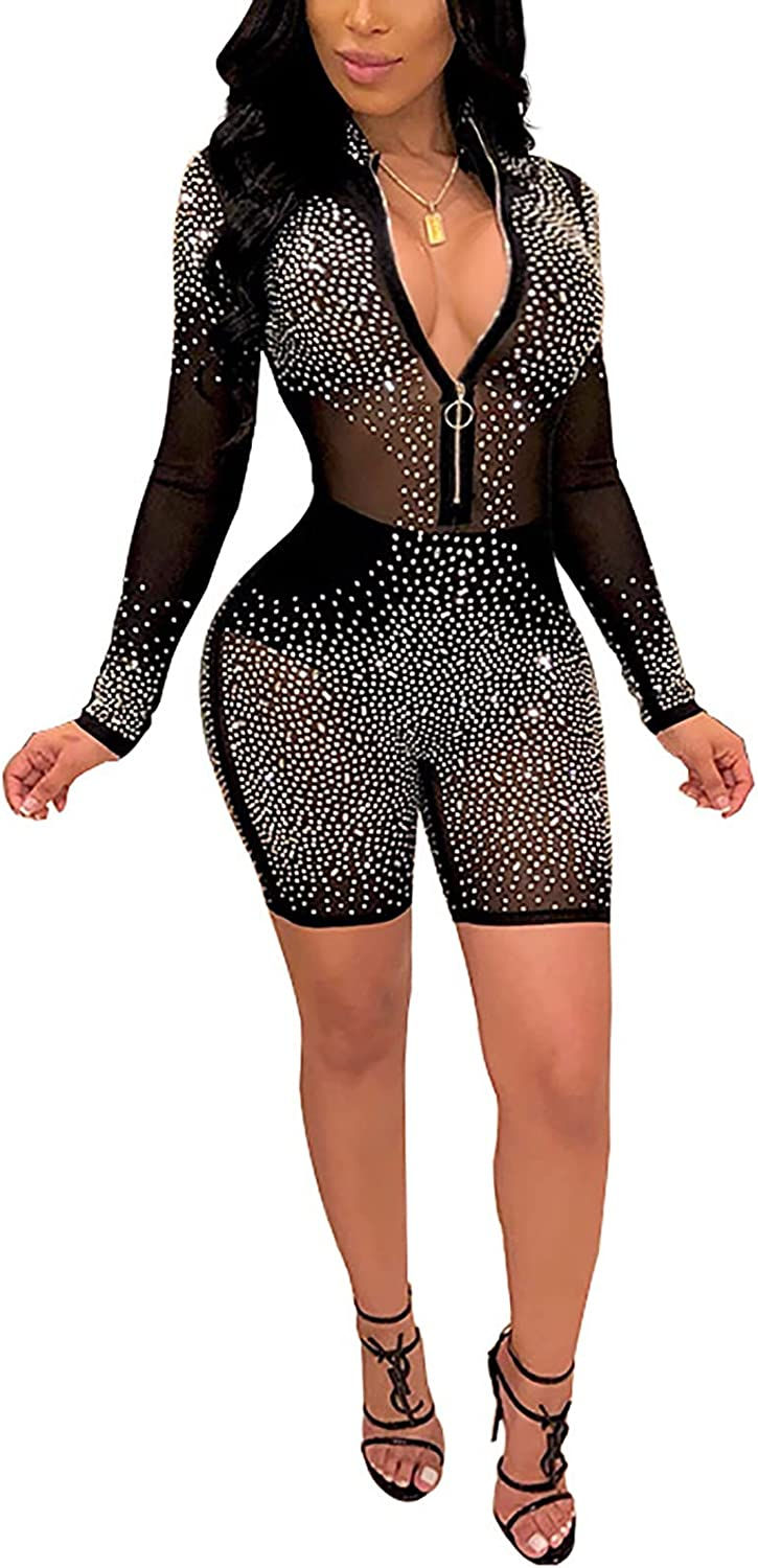 Thumbnail: Ekaliy Women's Sequin Rhinestone Bodycon Club Jumpsuit Mesh Short Jumpsuit Long