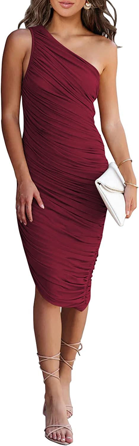 Thumbnail: PRETTYGARDEN Women's Ruched Bodycon Dress 2023 Summer One Shoulder Sleeveless P