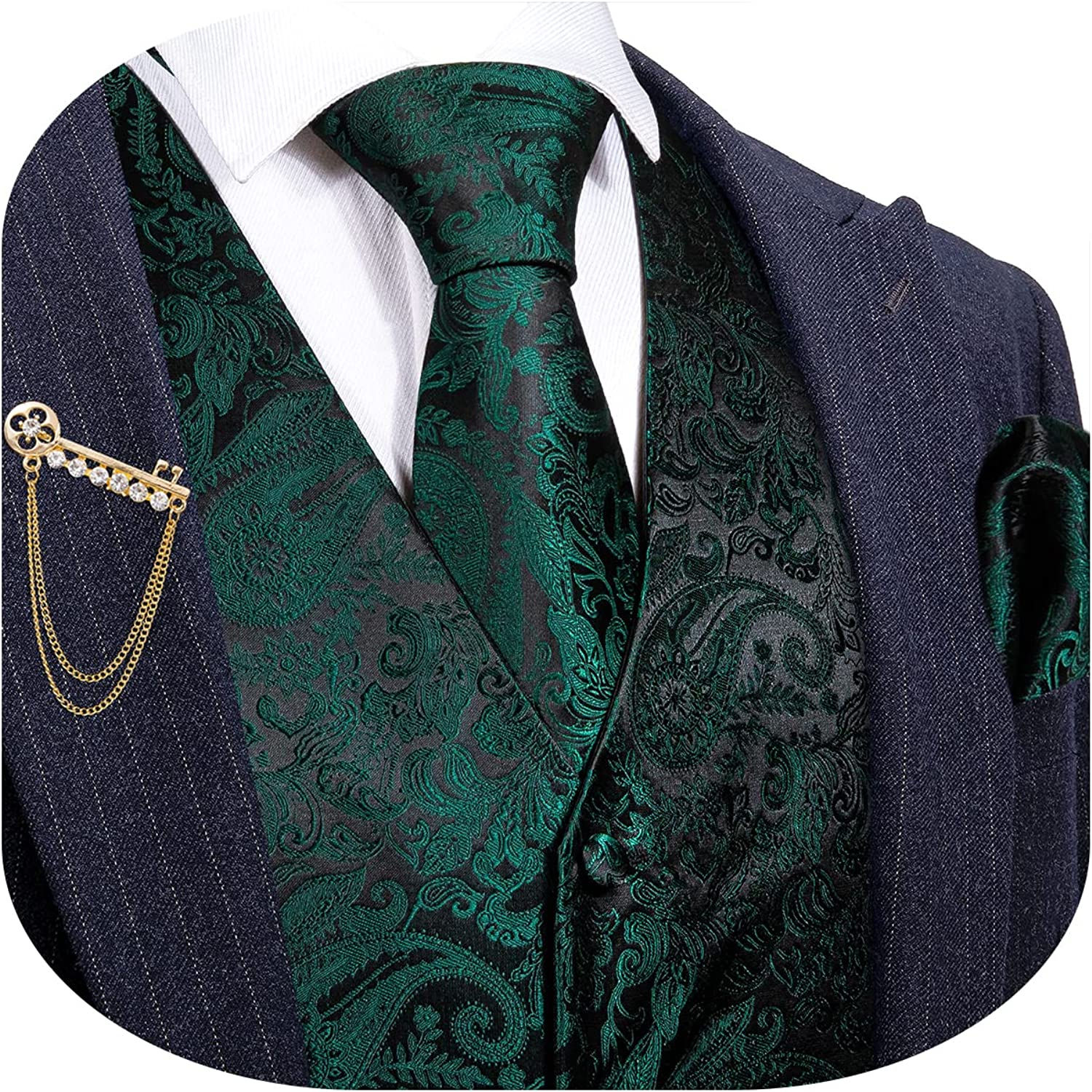 YOHOWA Men's Silk Waistcoat Set Paisley Flower V-neck 5PC Tie Pocket Square Reg