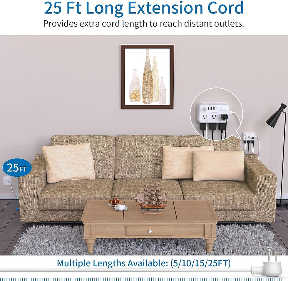 Thumbnail: Flat Plug Extension Cord 25 ft, Surge Protector Power Strip, Outlet Extender wi