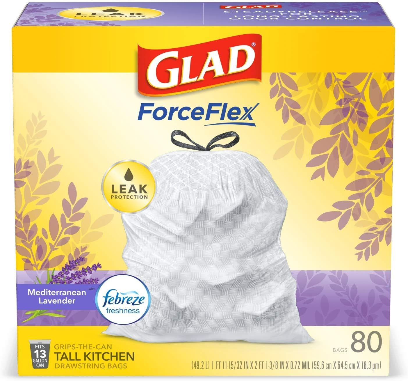 Glad ForceFlex Tall Kitchen Trash Bags, 13 Gallon, Gain Lavender, 140 Count (Pa