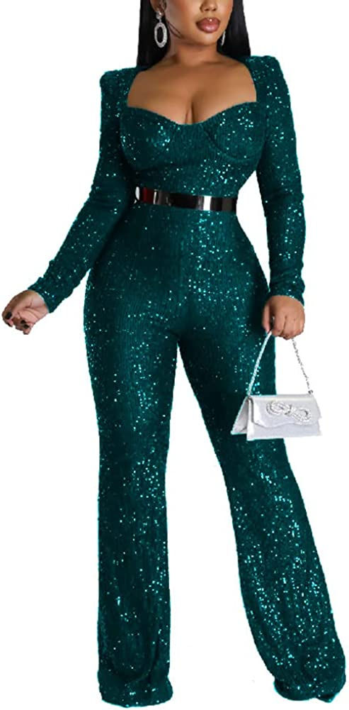 Thumbnail: THLAI Women Sexy Glitter Sequins Sparkling Jumpsuits Sleeveless Metallic Shiny 