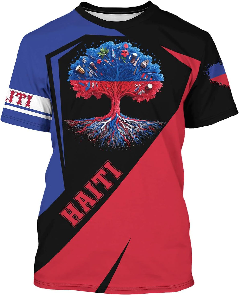 Thumbnail: DFZ Haiti Flag T-Shirt for Men Novelty Print Tee Crewneck Casual Short Sleeves 