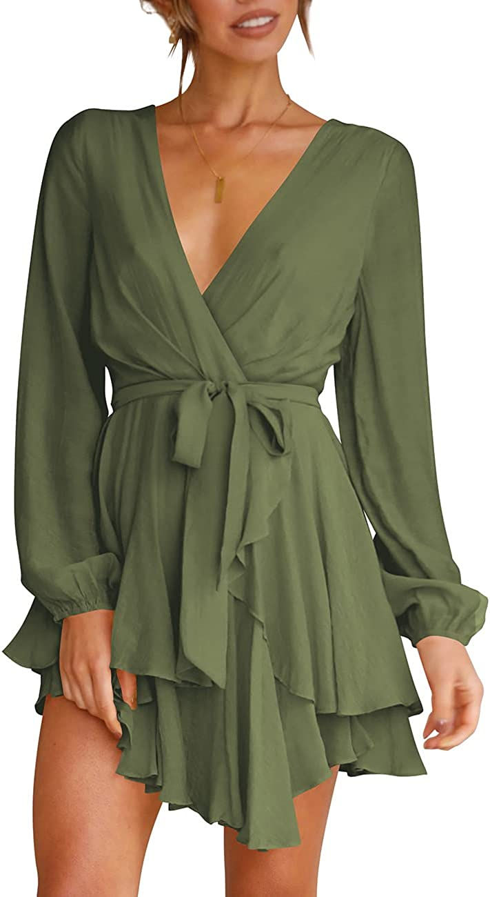 Thumbnail: Cosonsen Women's Dress Deep V-Neck Long Sleeve Waist Tie Ruffle Mini Swing Skat
