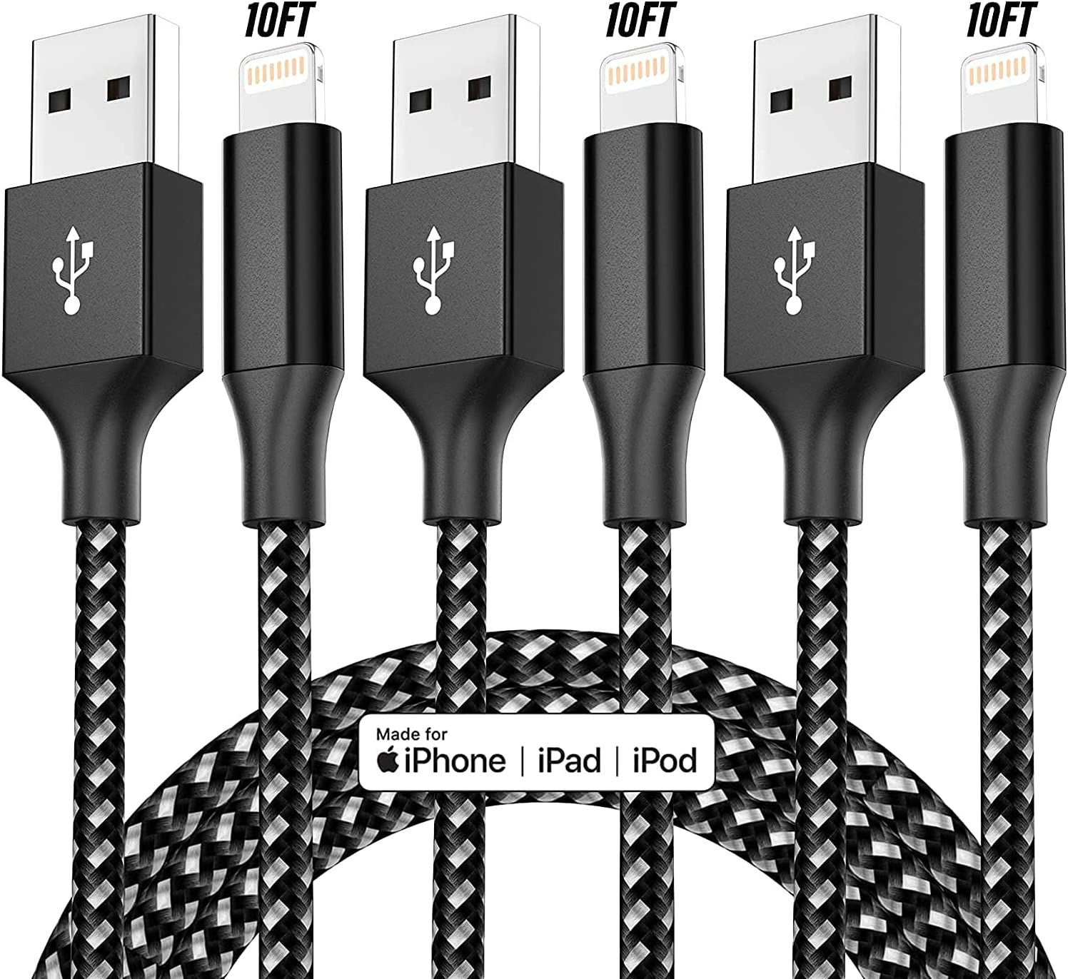 [Apple MFi Certified] iPhone Charger 3Pack 10FT Nylon Braided Lightning Cable F