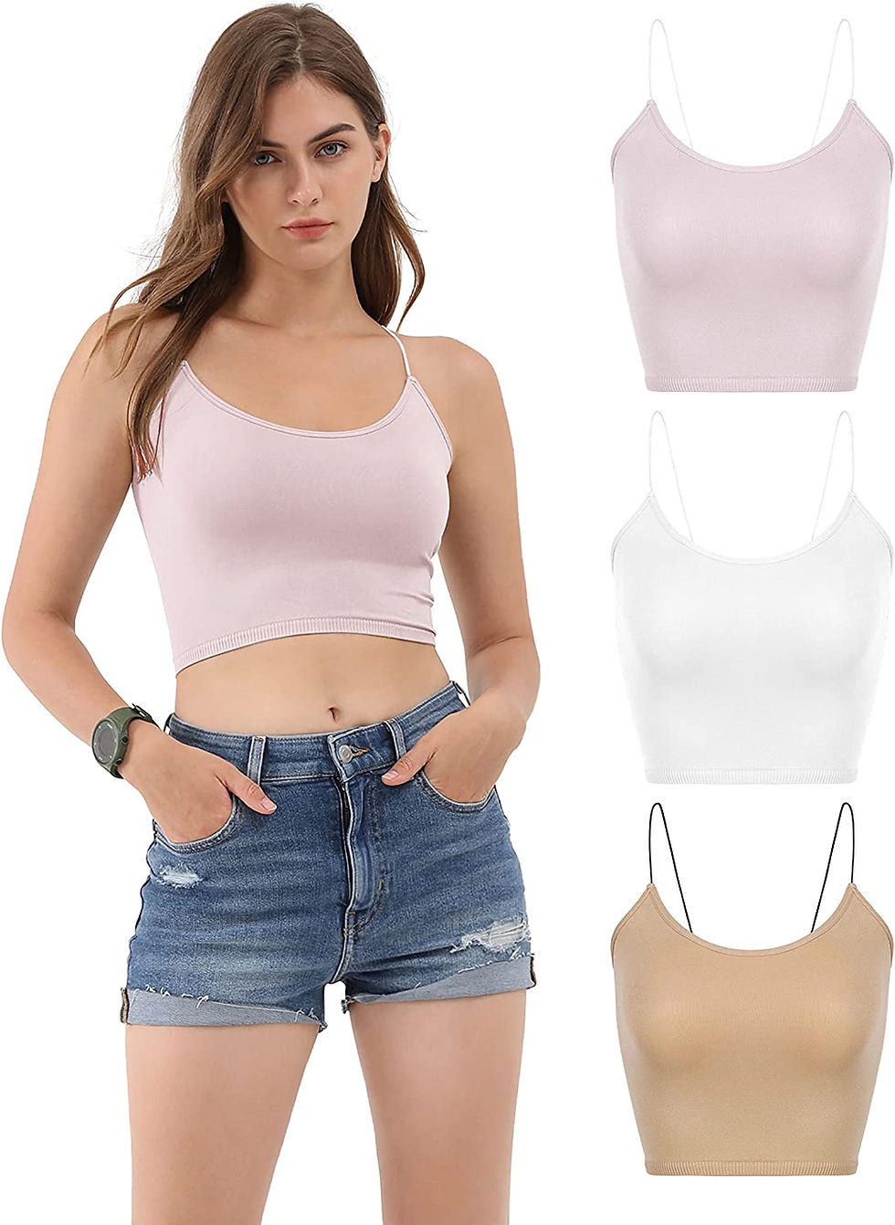 Thumbnail: ODODOS Women's Crop 3-Pack Washed Seamless Rib-Knit Camisole Crop Tank Tops