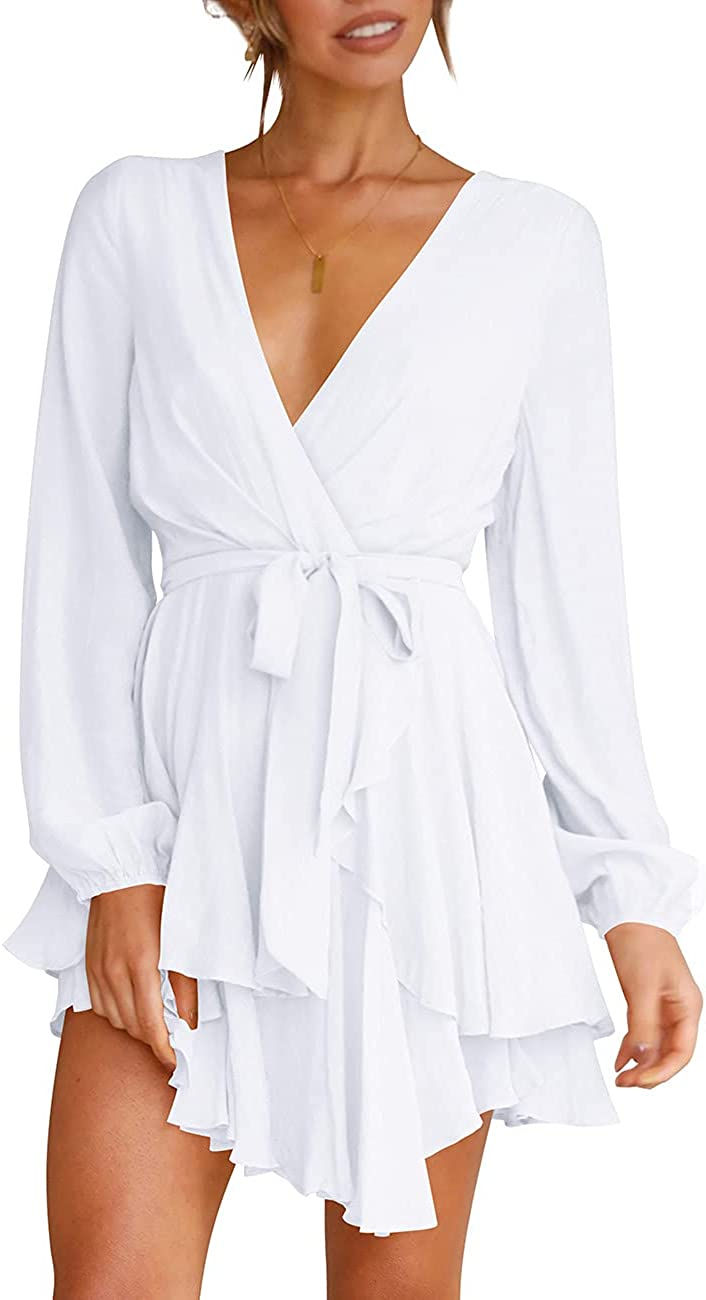 Thumbnail: Cosonsen Women's Dress Deep V-Neck Long Sleeve Waist Tie Ruffle Mini Swing Skat