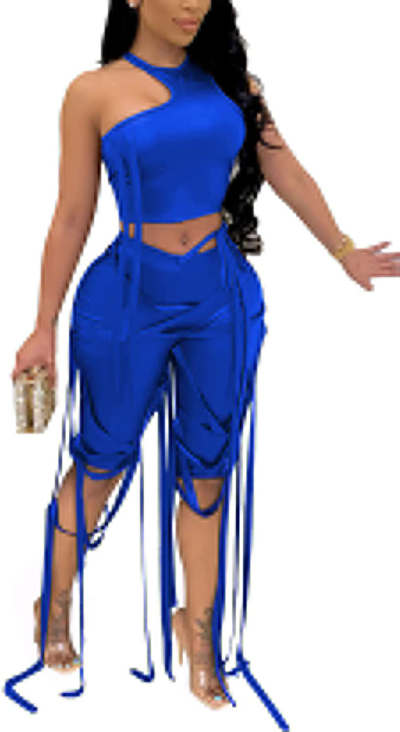 Thumbnail: WOKANSE Women's Sexy 2 Piece Outfits Irregular Sleeveless Tank Top Solid Lace U