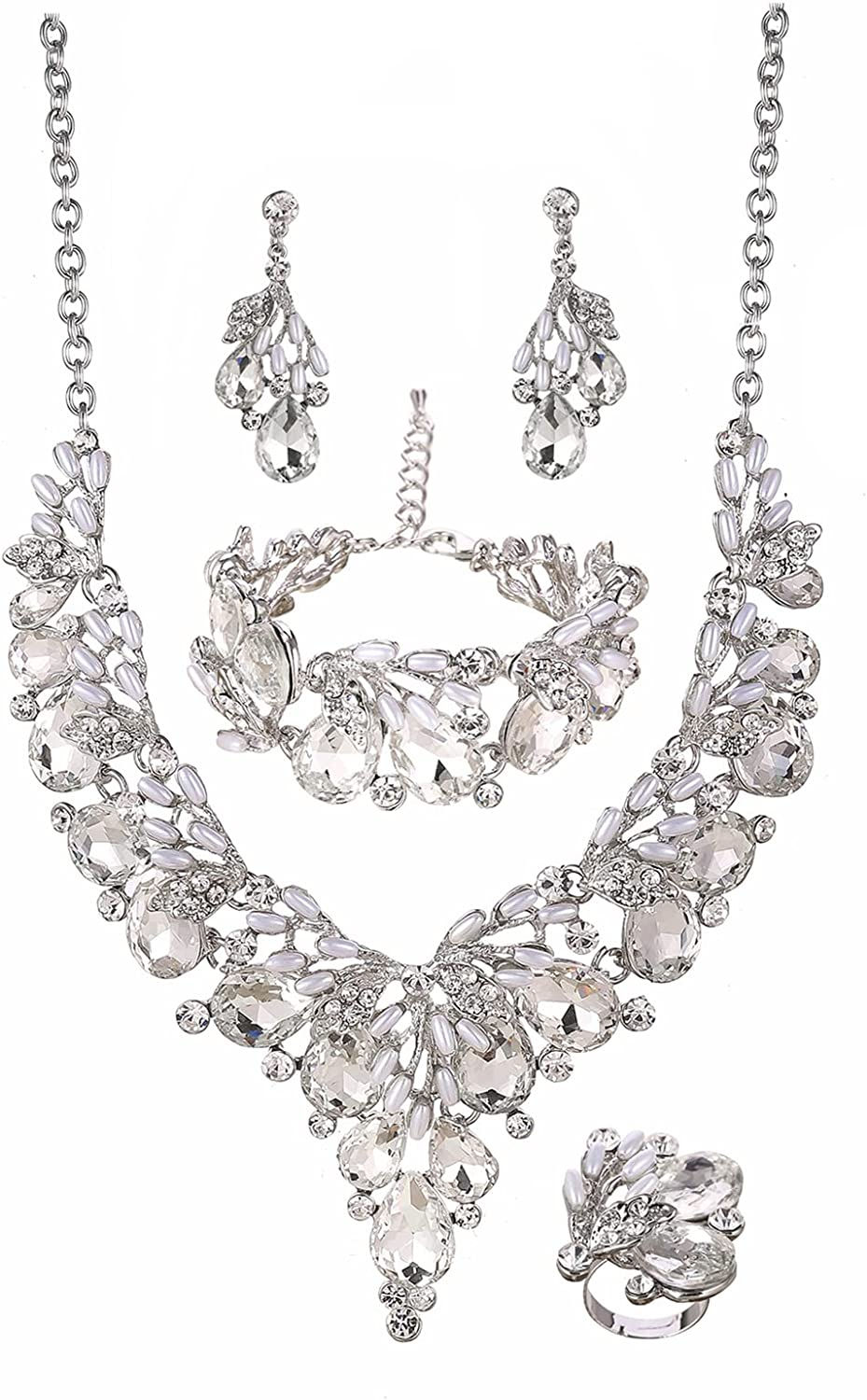 Thumbnail: Jewelry Set for Women, Statement Necklace Dangle Earrings Bracelet Ring, White/