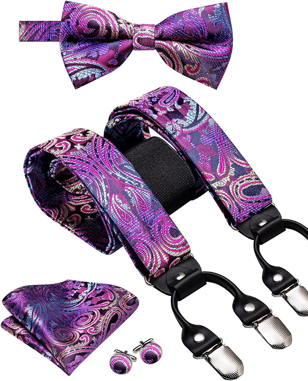 Thumbnail: Dubulle Mens Clips Suspenders and Pre tied Bow Tie Set with Pocket Square Y Sha