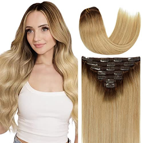 Thumbnail: Caliee Hair Extensions Clip in Human Hair Caramel Blonde Seamless Clip in Hair 