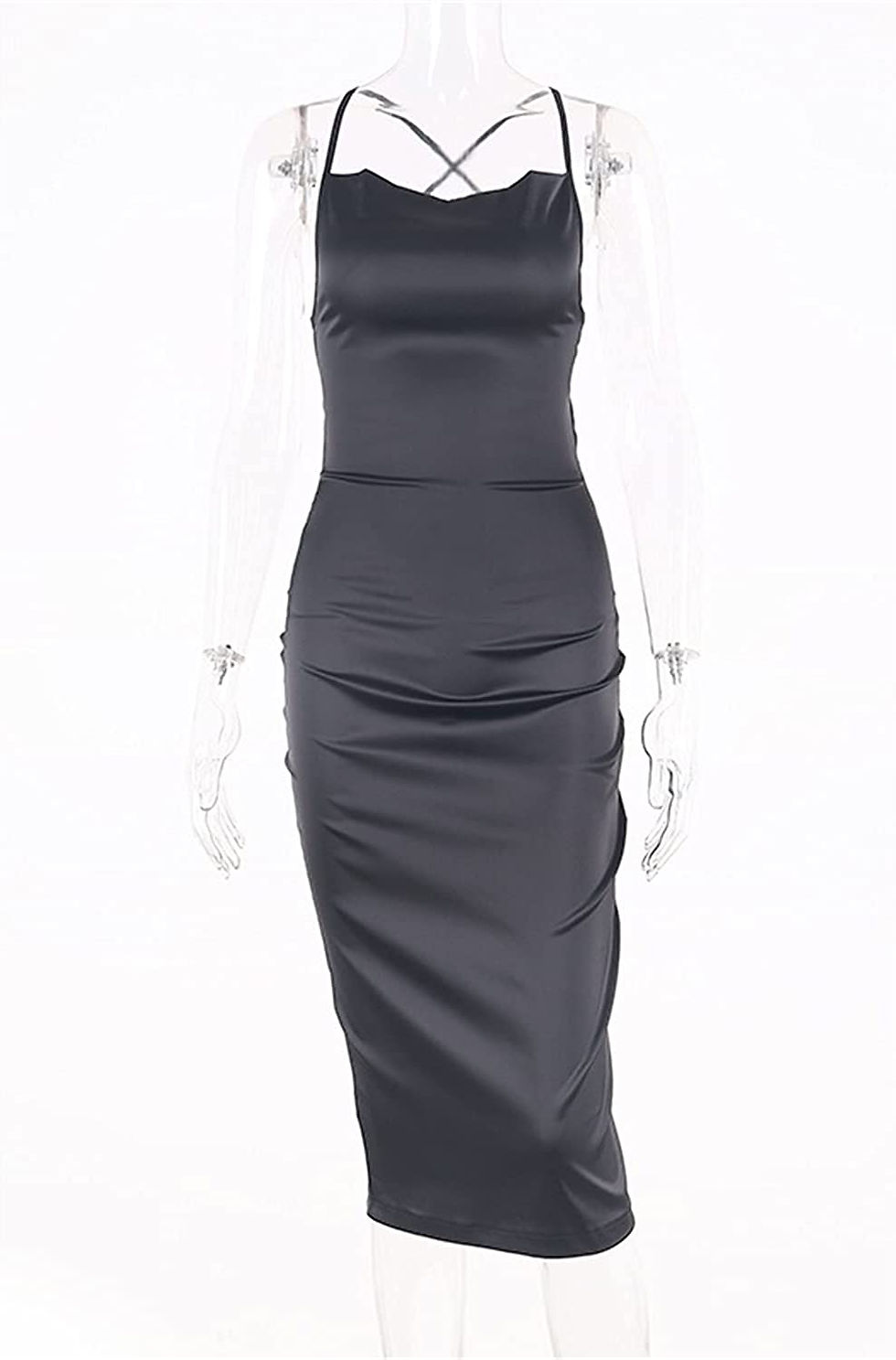 Thumbnail: PRIMODA Women's Spaghetti Strap Silky Satin Bodycon Midi Club Dress Backless La