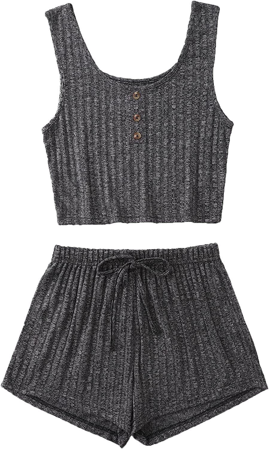 Thumbnail: SheIn Women's 2 Piece Sleeveless Button Crop Tank Tops and Shorts Lounge Set