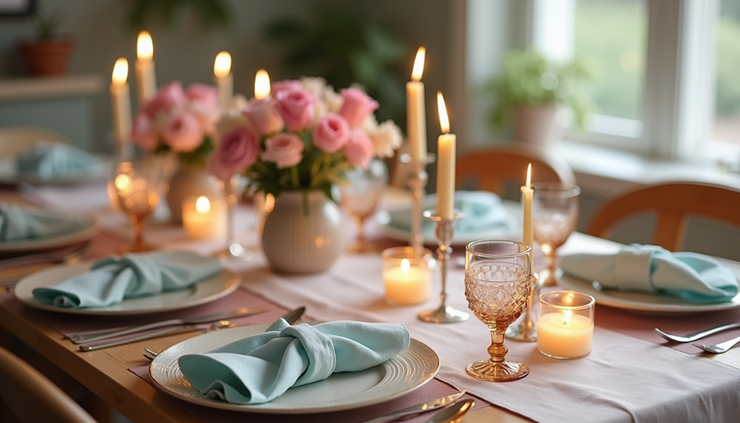 High angle view of an Easter table with pastel napkins, floral arrangements, and candlelight