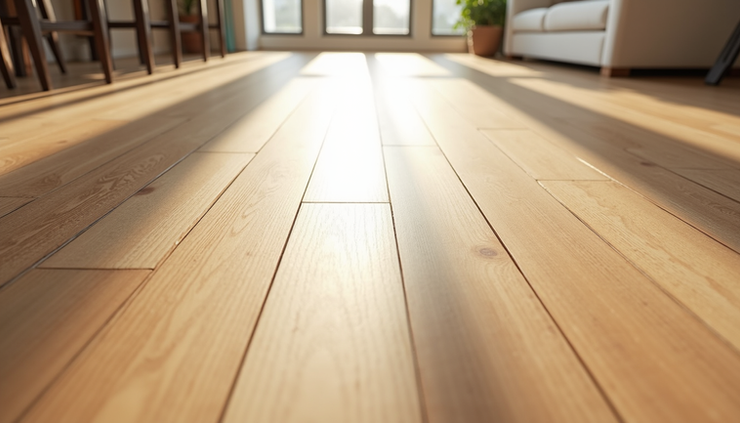 High angle view of a clean and polished engineered hardwood floor with sunlight