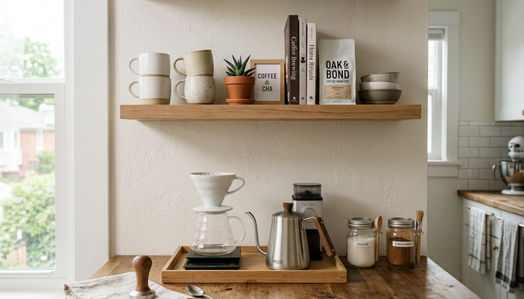 Wide-angle view of a compact coffee station on a kitchen counter with shelves above it