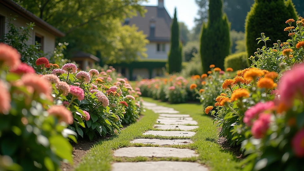 Eye-level view of a beautifully landscaped garden with colorful flowers and a stone pathway