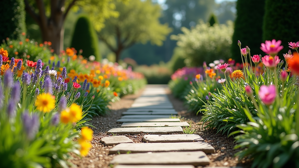 Eye-level view of a beautifully landscaped garden with colorful flowers and a stone pathway