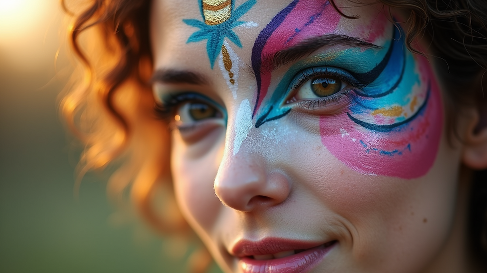 Close-up view of a face painted with a colorful unicorn design