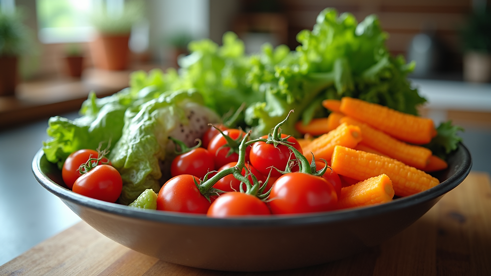 Eye-level view of a colorful bowl of fresh vegetables and fruits