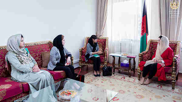 Deputy Foreign Minister for Economic Affairs, Adela Raz, right, with Afghan Women’s Chamber of Commerce and Industry Presdient, Manizha Wafeq, center