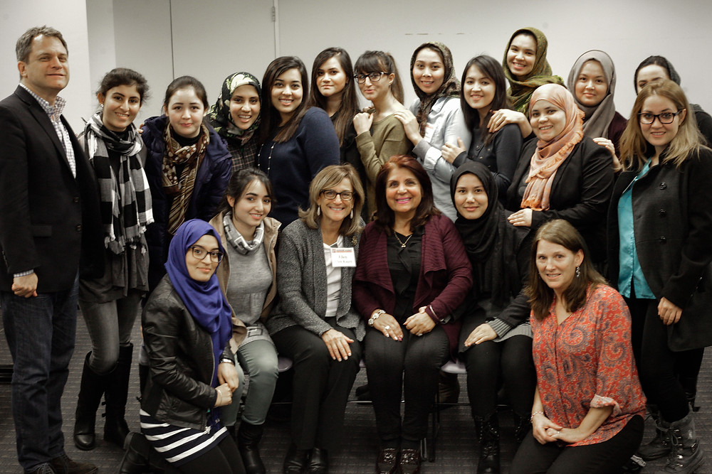 Students with Executive Director Christian Wistehuff, left, Leadership Academy lecturers, Ellen Kagen and Latifa Woodhouse, center, and Montclair State host mother Geri Abdoo, right