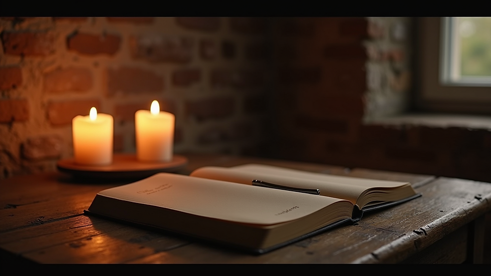 Eye-level view of a dimly lit room with candles and a journal on a wooden table