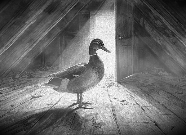 en vildand på et mørkt loft med lys fra