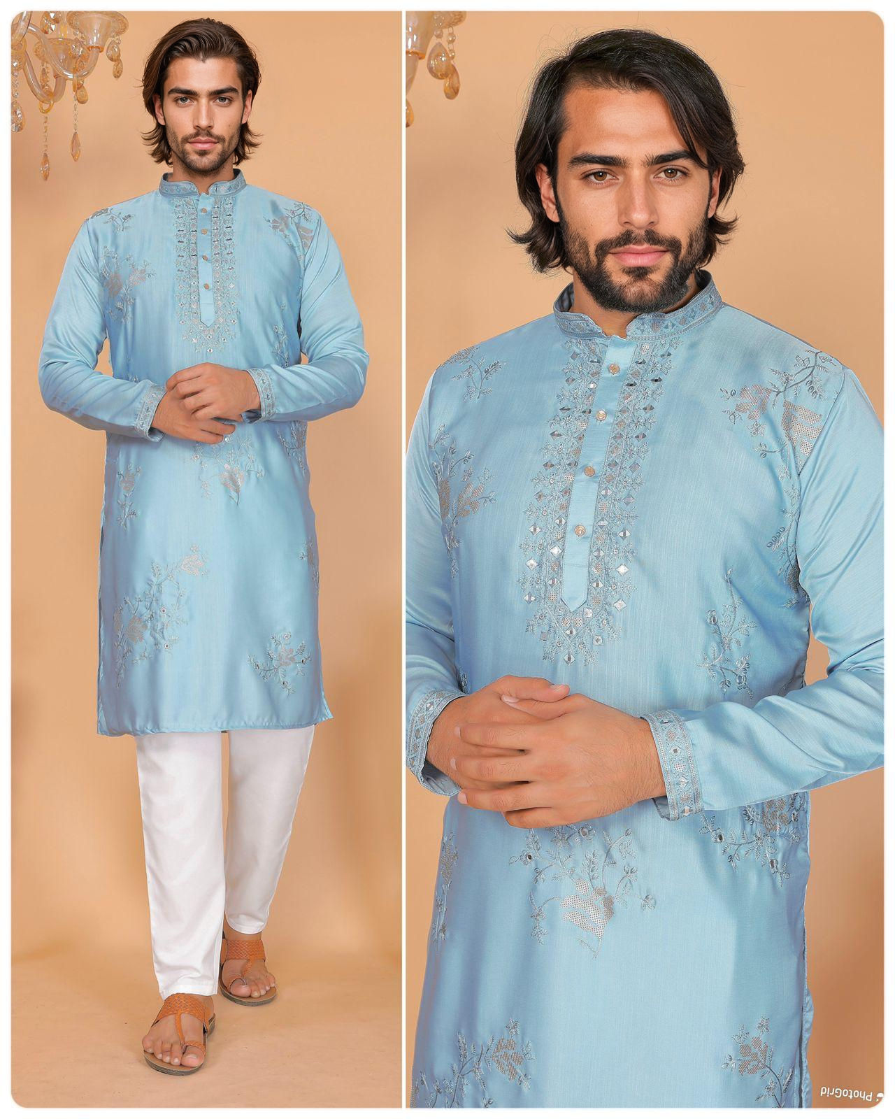 P30000136 - Heavy Viscose Silk Sky Blue Kurta & White Pajama TAANI BAANI FASHION