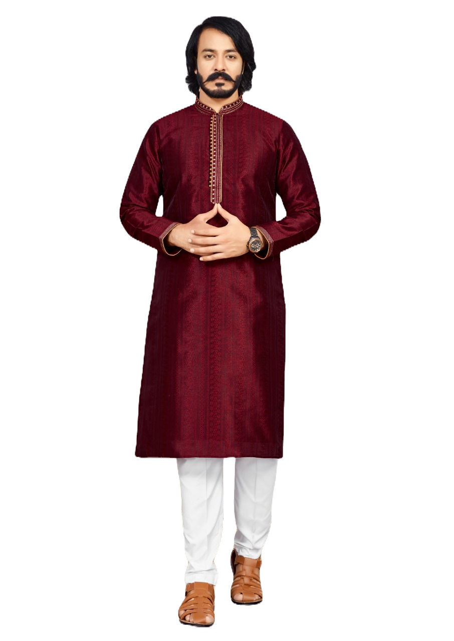 थंबनेल: P30000066 - Dark Maroon Jacquard Kurta & White Pajama TAANI BAANI FASHION