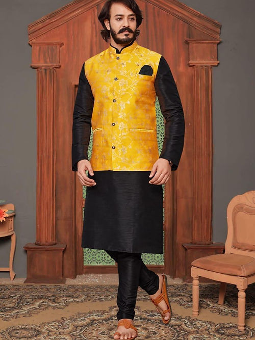 P30000100 - Yellow Jacquard Jacket & Black Kurta & Pajama TAANI BAANI FASHION