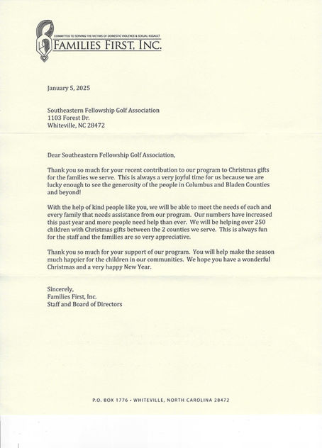 Families First’s Thank You Letter