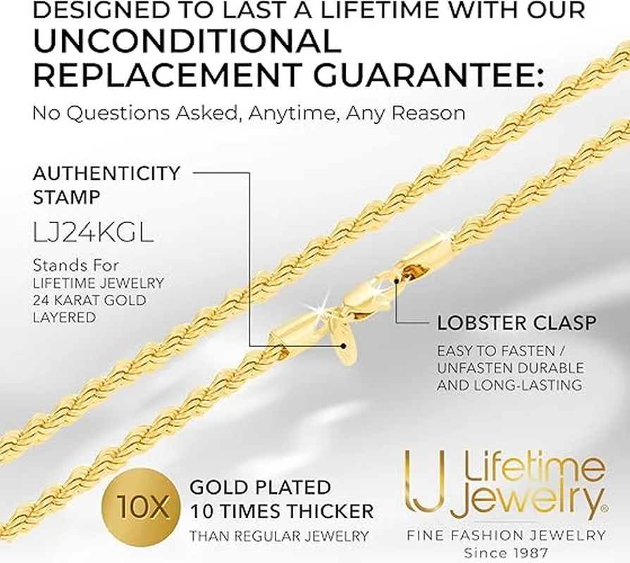 Thumbnail: 5Mm Rope Chain Necklace 24K Real Gold Plated- Women and Men (36 Inches)