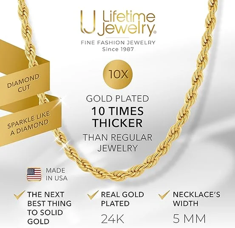 Thumbnail: 5Mm Rope Chain Necklace 24K Real Gold Plated- Women and Men (36 Inches)