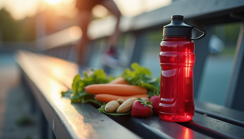 High angle view of a water bottle and healthy snacks on a bench