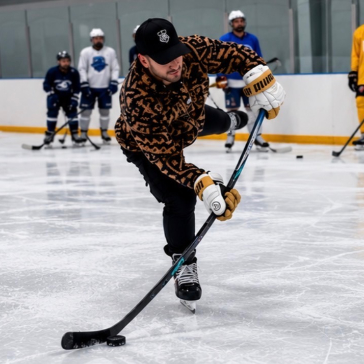 A hockey player handling a puck with other skaters on the ice