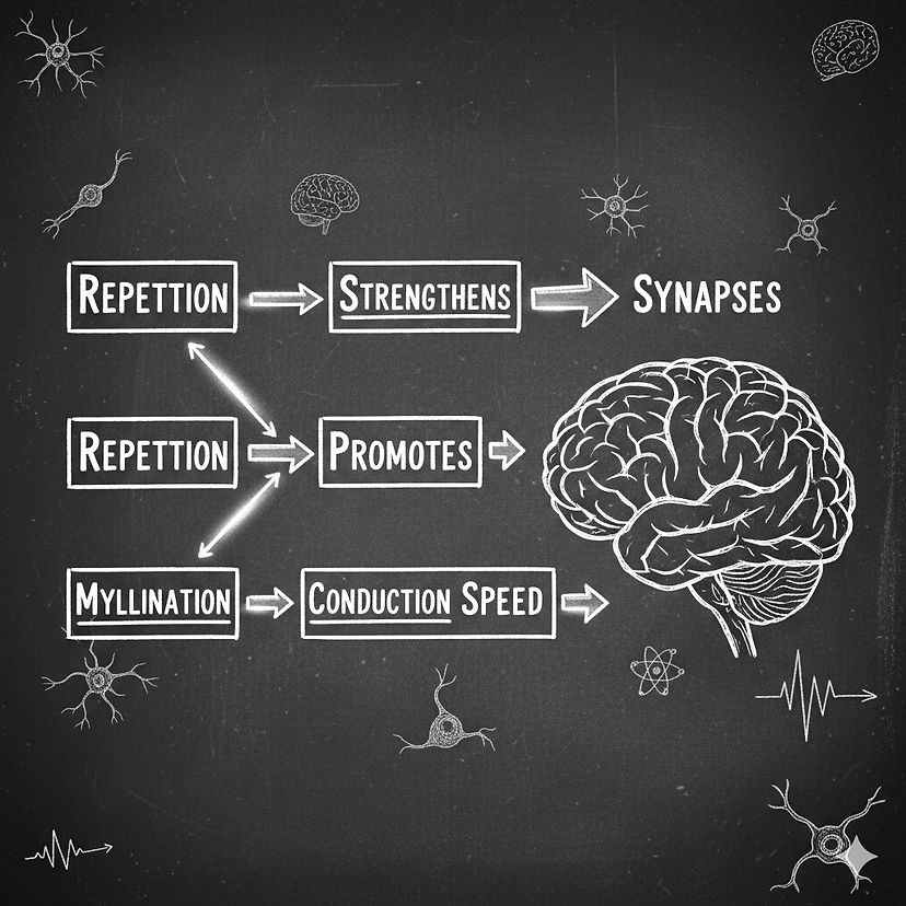 Flowchart on a chalkboard shows "Repetition" leading to "Strengthens Synapses" and "Promotes Myelination" with a brain illustration.