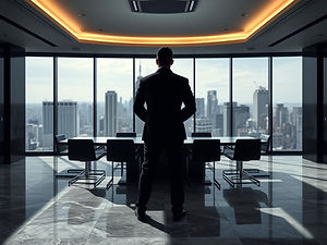 A sleek, modern boardroom with a panoramic skyline view. One individual stands alone at th