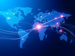 A minimalistic digital world map with glowing data points pulsing in major financial cente